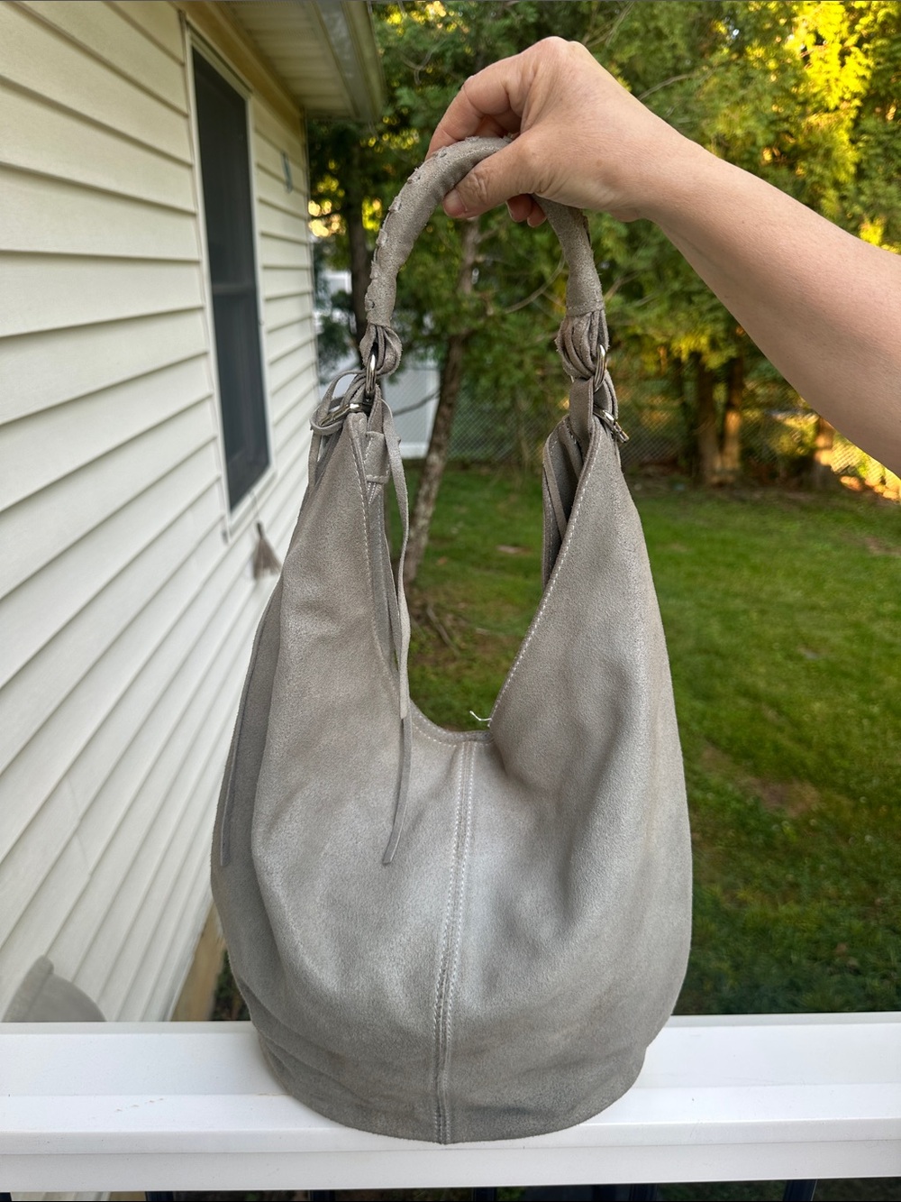 Vimoda Neutral Gray Suede Hobo Bag with Braided Handle